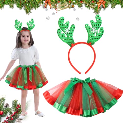 XLZJYIJ Rentier Kostüm Mädchen, Weihnachtskostüm Kinder Reh, Rentier Kostüm Set, Weihnachtskostüm Mädchen Reh, Tutu Rock mit Reindeer Headband für Karnevals und Halloween Partys von XLZJYIJ