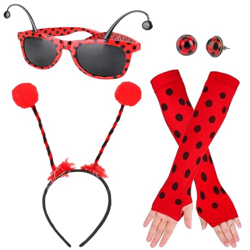 XLZJYIJ Marienkäfer kostüm Set, 4 Stück Marienkäfer Kostüm für Kinder Mädchen Erwachsen Enthalten Antenne Stirnband Brille Lange Handschuhe Ohrringe, 4PCS Deguisement Abeille Femme Fille(pc) von XLZJYIJ