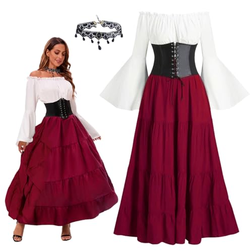 XLZJYIJ Mittelalter Kostüm für Damen, Renaissance Kostüm Kleid, Renaissance Viktorianisches Kleid, Damen Retro Mittelalter kleid mit Trompetenärmel, renaissance Gotisch Maxikleid von XLZJYIJ