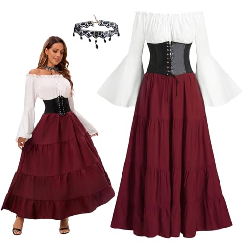 XLZJYIJ Mittelalter Kostüm für Damen, Renaissance Kostüm Kleid, Renaissance Viktorianisches Kleid, Damen Retro Mittelalter Kleid mit Trompetenärmel, Renaissance Gotisch Maxikleid von XLZJYIJ