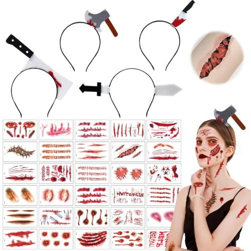 XLZJYIJ 4 Stück Halloween Horror Haarreif, Halloween Grusel Accessoires mit 30 Halloween Tattoo Narben, Horror Haarreif Set, Halloween Messer Haarband für Fasching Karneval Kostüm Party Cosplay von XLZJYIJ