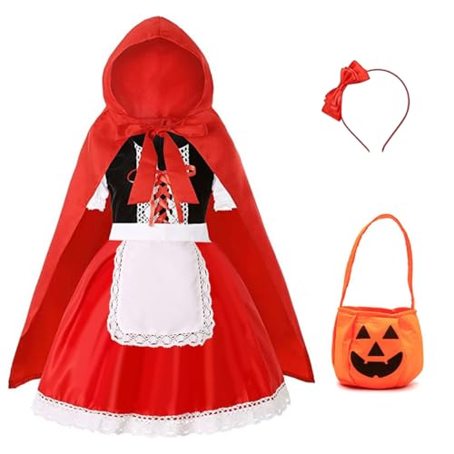 XLZJYIJ Rotkäppchen Kostüm Kinder, Kinder Rot Umhang Kleid, Rotkäppchen Rot Umhang Kleid mit Rot Umhang, Headband, Kürbisbeutel, Schürze per Halloween Mottoparty Kostüm Party von XLZJYIJ