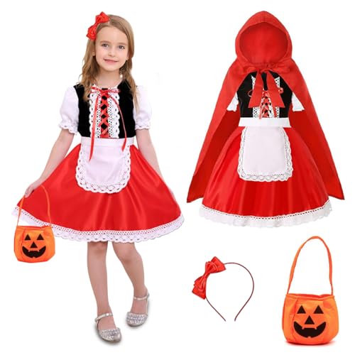 XLZJYIJ Rotkäppchen Kostüm Kinder, Kinder Rot Umhang Kleid, Rotkäppchen Rot Umhang Kleid mit Rot Umhang, Headband, Kürbisbeutel, Schürze per Halloween Mottoparty Kostüm Party von XLZJYIJ