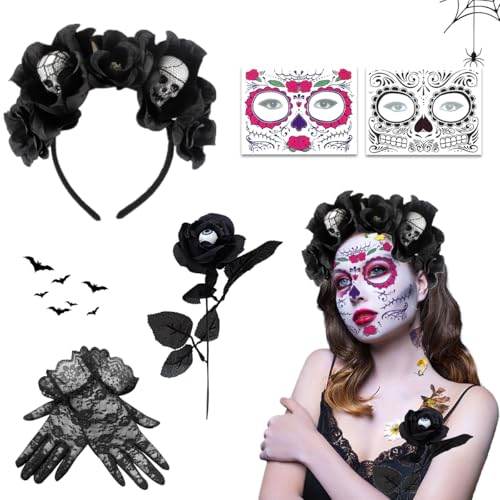 XLZJYIJ Tag der Toten Haarreif Halloween, Dia de Los Muertos Stirnband mit Halloween Gesicht Tattoos Blumen Rose Spitzenhandschuhe, Mexikanische Stirnband Rosen, Kopfschmuck Halloween Damen von XLZJYIJ