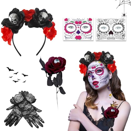 XLZJYIJ Tag der Toten Haarreif Halloween, Dia de Los Muertos Stirnband mit Halloween Gesicht Tattoos Blumen Rose Spitzenhandschuhe, Mexikanische Stirnband Rosen, Kopfschmuck Halloween Damen von XLZJYIJ