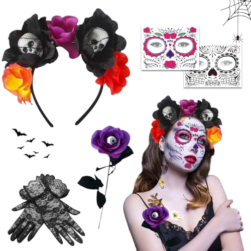 XLZJYIJ Tag der Toten Haarreif Karneval, Dia de Los Muertos Stirnband mit Karneval Gesicht Tattoos Blumen Rose Spitzenhandschuhe, Mexikanische Stirnband Rosen, Kopfschmuck Karneval Damen von XLZJYIJ