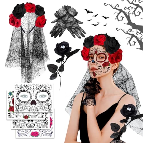 XLZJYIJ Tag der Toten Haarreif Halloween, Tag der Toten Schleier mit Halloween Gesicht Tattoos Blumen Rose Spitzenhandschuhe, Mexikanische Stirnband Rosen, Kopfschmuck Halloween Damen von XLZJYIJ