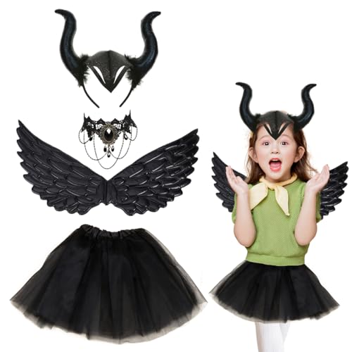 XLZJYIJ Königin Hörner Kostüm, 4 Stück Maleficent Kostüm Kinder mit Gothic Spitze Halskette Hörner Kopfschmuck Flügel, Teufel Kostüm Kinder, Halloween-Kostüme für Mädchen von XLZJYIJ