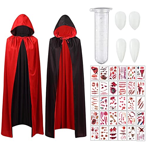 XLZJYIJ Umhang mit Kapuze, Karneval Umhang, Vampir Umhang, 90CM Unisex Kapuzenumhang Schwarz Rot Doppelseitig Karneval Kostüm für Kinder, 30x Temporäre Tattoos, 2X Vampirzähne von XLZJYIJ