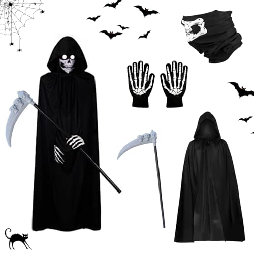 XLZJYIJ 4 Sensenmann Kostüm, Kinderkostüm Reaper, Sensemann Umhang Set mit Sense, Handschuhe und Maske, Sensenmann Kostüm Herren Damen für Halloween Dekoration Cosplay Karneval von XLZJYIJ