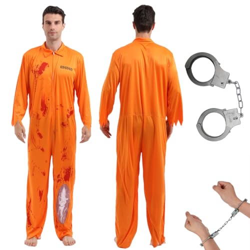 Häftling Kostüm Herren mit Handschellen, Orange GefäNgnis Kostüm mit Blut, Sträfling Kostüm, Orangener Overall, Gefangenenkostüm Halloween Cosplay für Sträflinge, Gefangene, Räuber - Größe L/XL von XLZJYIJ