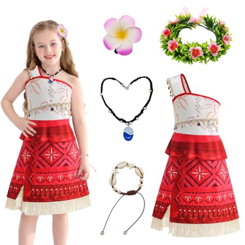 XLZJYIJ Vaiana Kostüm Kinder, Vaiana Verkleidung, Moanna Prinzessin Kleid mit Halskette und einer Blumenkrone und einer Haarspange, Set Vaiana Kleid Verkleidung für Karneval Cosplay Geburtstagsfeier von XLZJYIJ