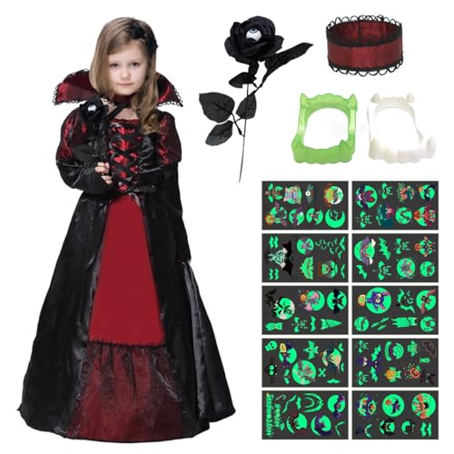 XLZJYIJ Vampir Kostüm Kinder, Vampir Kleid Verkleidung mit Zubehör Halskette Zähne Schwarz Rose und Aufkleber, Gothic Vampir Kostüm Kleid Verkleidung, Karneval Kostüme Kinder von XLZJYIJ