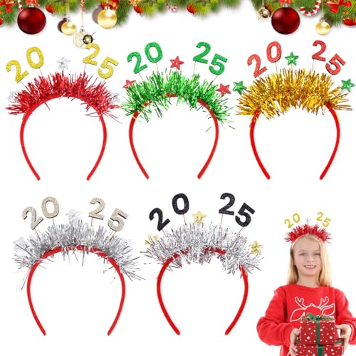 XLZJYIJ 5 stück 2025 Neujahrs Stirnbänder, 2025 Silvester Stirnband, 2025 Haarband Neujahrs, Neujahrs-Kopfschmuck, Glitzer-Lametta-Stirnbänder für Kinder Erwachsene Silvesterparty Neujahr Deko von XLZJYIJ