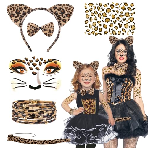 Leoparden Kostüm Set, Leoparden Kostüm Damen Kinder,6 Stück Leoparden Ohren Haarreif Leopard Schwanz Fliege Leopard Armband Gesichtstattoo Aufkleber, für Karneval Fasching Halloween Kostüm Party von XM-mengpanwei