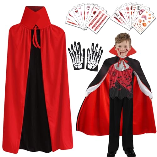 Vampir Kostüm Kinder Vampir Umhang mit Kragen - Schwarz Rot Doppelseitig, Halloween Vampire Cape Vampirumhang mit Skelett Handschuhe,20 Temporäre Tattoos für Jungen Mädchen Halloween Karneval Cosplay von XM-mengpanwei