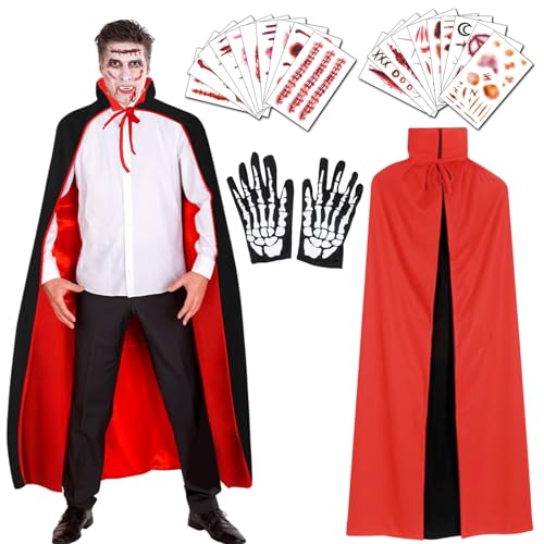 Vampir Umhang Halloween Vampir Kostüm Erwachsene, Vampire Cape Vampirumhang mit Kragen - Schwarz Rot Doppelseitig,Skelett Handschuhe,20 Temporäre Tattoos für Herren Damen Halloween Karneval Cosplay von XM-mengpanwei