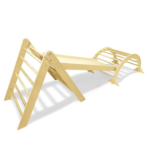 XMTECH 3-in-1 Kletterdreieck aus Holz mit Rutsche Kletterbogen Kletterleiter Klettergerüst Indoor, Faltbarer Kletterdreieck für Kleinkinder ab 12 Monate, bis 40 KG belastbar von XMTECH