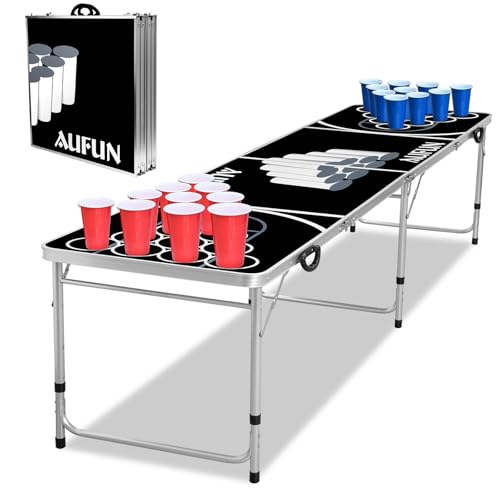 XMTECH Beer Pong Tisch Set Partyspiel Tisch inkl. 100 Becher (50 Rot & 50 Blau), 5 Bälle, Beerpong Tisch Klappbar & Höhenverstellbar, Partyspiele Table von XMTECH