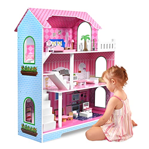 XMTECH Puppenhaus aus Holz Haus, mit Möbeln und Zubehör, Doll House Puppenvilla Dollhouse, Puppenstube Spielhaus Spielzeug Spielset mit DREI Spielebenen, für Kinder Kinderzimmer,70 x 30 x 100cm von XMTECH