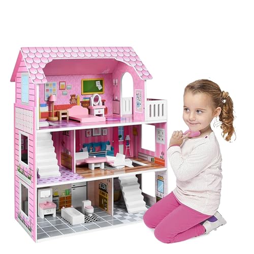 XMTECH Puppenhaus aus Holz Haus, mit Möbeln und Zubehör, Doll House Puppenvilla Dollhouse, Puppenstube Spielhaus Spielzeug Spielset mit DREI Spielebenen, für Kinder Kinderzimmer, 60 x 24 x 70 cm von XMTECH