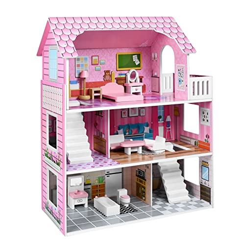 XMTECH Puppenhaus aus Holz Haus, mit Möbeln und Zubehör, Doll House Puppenvilla Dollhouse, Puppenstube Spielhaus Spielzeug Spielset mit DREI Spielebenen, für Mädchen Kinder Kinderzimmer, Typ A von XMTECH