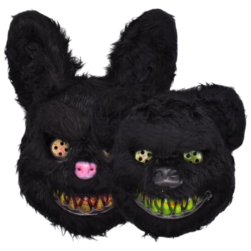 XNAUVOI 2pcs Halloween Horror Tier Masken, Halloween Grusel Bär Maske Blutige Kaninchen Maske, Grusel Plüsch Masken Lustige Maske für Halloween Kostüm Karnevalsparty Cosplay Maskerade(Schwarz) von XNAUVOI