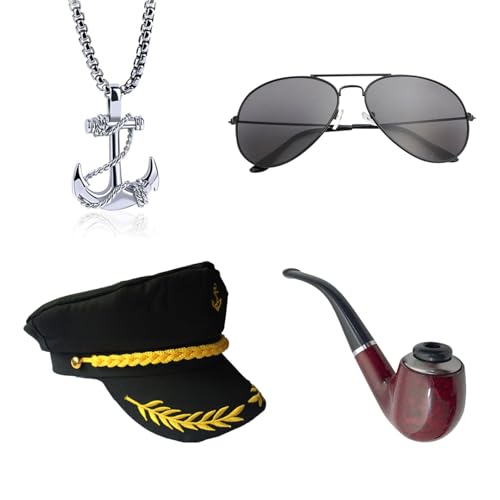 XNHIU 4 Stücke Yacht Kapitän Hut Kostüm Zubehör Kapitäne Hut Sonnenbrille Pfeife Halskette Kapitän Kostüm Matrosen Outfit für Halloween von XNHIU