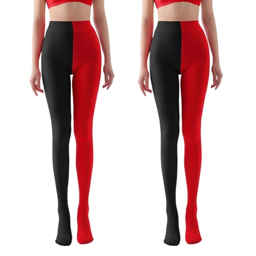 XNIVUIS 2 Paar Strumpfhose Strumpfhosen Mehrfarbig Damen, Damen Strumpfhose Overknees Strümpfe Mode Splice Kniestrümpfe Party Kostüm, Pantyhose für Karneval (Schwarz und Rot) von XNIVUIS