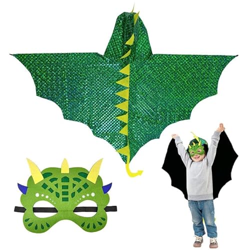 XNIVUIS 2 Stück Dinosaurier Kostüm Kinder Dinosaurier Umhang Drachenumhang mit Dino Maske, Dino Kostüm Drachenkostüm Drachenflügel für Mädchen Jungen für Halloween, Karneval, Party (Green) von XNIVUIS