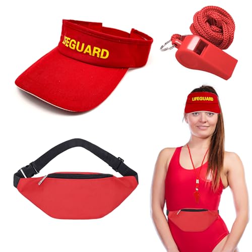 XNIVUIS 3 Stück Rettungsschwimmer Kostüm Set Lifeguard Set Fasching Kostüm Hut mit Wache Gürteltasche mit Umhängeband, verstellbare Sonnenschutzkappe, Baywatch Herren & Damen (Rot) von XNIVUIS