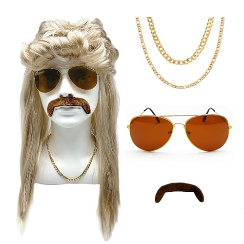 XNIVUIS 4er Set Herren Perücke 70er Premium Vokuhila Perücke Herren Vokuhila Perücke 80er 90er Jahre Outfit Accessoires Herren, Blond Perücken Sonnenbrille Halskette Halloween Party Kostüme von XNIVUIS