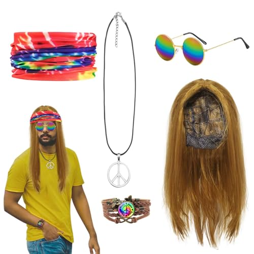 XNIVUIS 5 Pcs Hippie Kostüm Damen Herren 70er Hippie Kostüm Set, Herren Hippie Perücke, 70er 80er Jahre Disco Perücke Lang Disco Perücke für Karneval Halloween, Mottoparty Fasching Karneval (5 Pcs) von XNIVUIS