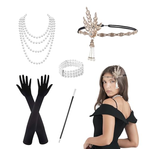 XNIVUIS 5 Stück 1920s Kostüm Damen Flapper Accessoires Set, 20er Jahre Kostüm Damen Set, 1920s Great Gatsby Accessoires Set für Damen, Flapper Stirnband Halskette Lange Schwarze Handschuhe von XNIVUIS