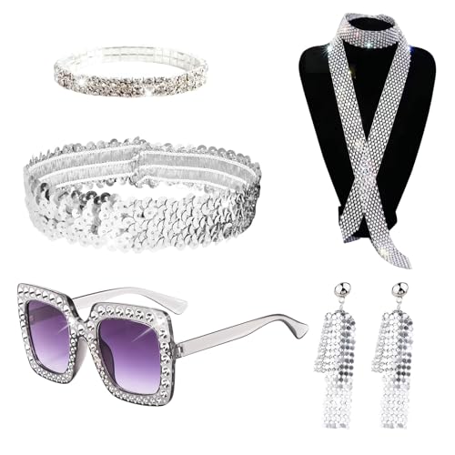 XNIVUIS 5 Stück 70er Jahre Disco Zubehör,Disco Accessoires mit Pailletten Schal Ohrringen dickem Rahmen Sonnenbrille Armband und Stirnband für Damen 70er Jahre Glitzer Disco Kostüm (Silber) von XNIVUIS