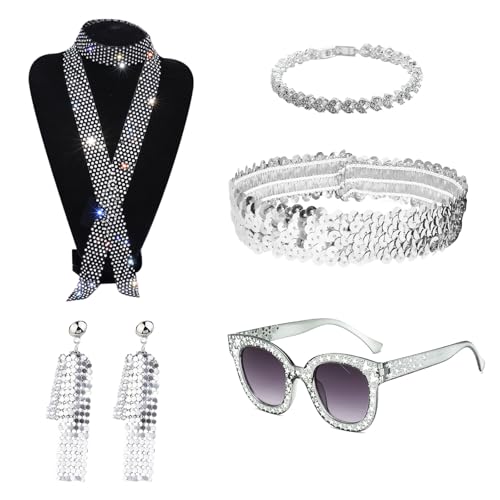 XNIVUIS 5 Stück 70s Disco Accessories Costume Disco Outfit Accessoires,Paillettenschal Halskette Bling Sonnenbrille Ohr Accessoires Stirnband Armband,für Damen 70er Jahre Glitzer Disco Kostüm(5 PCS) von XNIVUIS