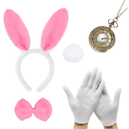 XNIVUIS 5 Stück Hasenkostüm Set für Erwachsene Kinder Hasen Kostümzubehör Hasenohren Stirnband Fliege Handschuhe Hasenschwanz Uhr für Welttag des Buches Karneval Halloween Kostümparty(Rosa) von XNIVUIS