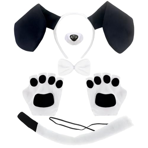 XNIVUIS 5 Stück Schwarzer und weißer Welpe Hundekostüm Set,Hundeohren Stirnband Handschuhe Fliege Nase Schwanz,für Kinder Halloween Rollenspiele Halloween (5 Stück) von XNIVUIS