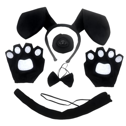 XNIVUIS 5 Stück Schwarzer und weißer Welpe Hundekostüm Set,Kostüm für Hunde Enthält Welpe Stirnband mit Ohren Hundeschwanz und Nase Handschuhe Fliege,für Erwachsene Kinder Halloween(5 PCS) von XNIVUIS