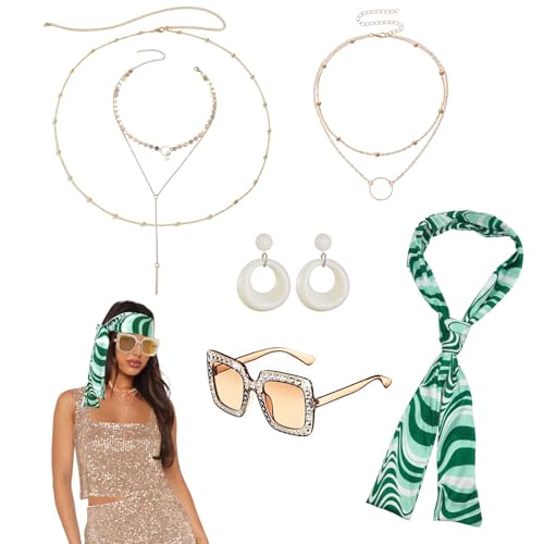 XNIVUIS 6 Stück Hippie Kostüm Set, Disco Verkleidung für Damen, 60er 70er Kostüm Damen Vintage Hippie Accessoires Set, Böhmen Hippie Stirnbänder, für 70er 80er Mode Thema Party von XNIVUIS