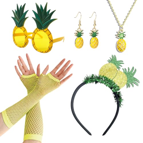 XNIVUIS 7 Stück Ananas Kostüm Set,Hawaii Kostüm Set,Ananas Krone,Ananas Brille,Ananas Ohrringe,Ananas Halskette,Netzhandschuhe,Hawaii Kopfbedeckung,Ananas Party Ananas Kostüm Damen (7 Stück) von XNIVUIS