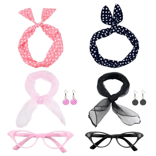 XNIVUIS 8 Stück 50er Jahre Accessoires Damen Zubehör Rockabilly Accessoires 50er Jahre Damen Kleid Zubehör, 50er Jahre Kostüm Schal Polka Punkt Stirnband Ohrring Katzenauge Brille (Pink, Schwarz) von XNIVUIS