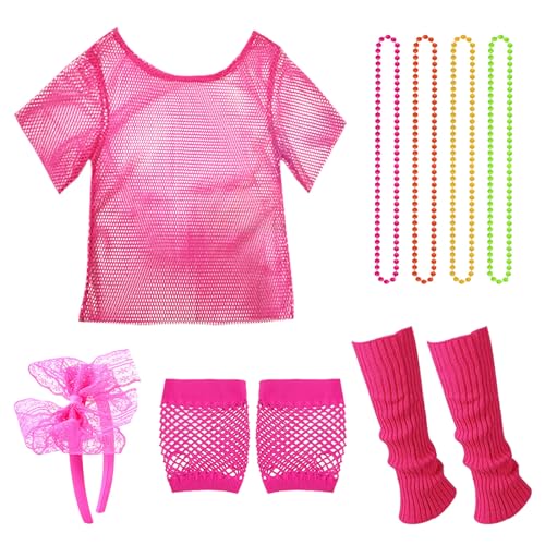 XNIVUIS 80er Jahre Outfit Damen, 90er Jahre Accessoires, 80er 90er Jahre Outfit Damen, 80er Jahre Kleidung Damen Set, Netzshirt, 90er Jahre Neon Party Outfit Mottoparty Accessoires Karneval (8 Pcs) von XNIVUIS