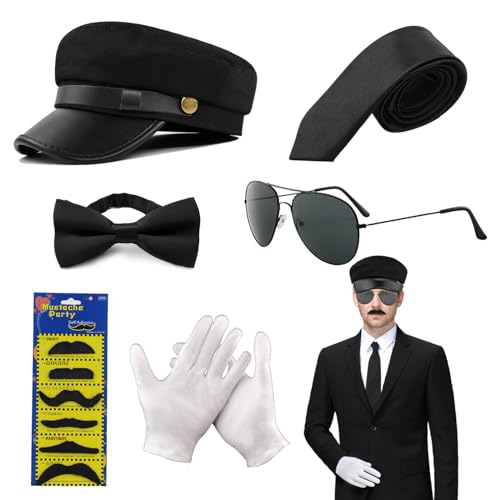 XNIVUIS Chauffeur-Kostüm-Zubehör, Neuheit, Fahrerkostüm, schwarzer Hut, Sonnenbrille, Fliege, Handschuhe, gefälschter Bart der 1980er Jahre, Gangster-Biker-Kostüm, Zubehör für Cosplay, Mottoparty von XNIVUIS