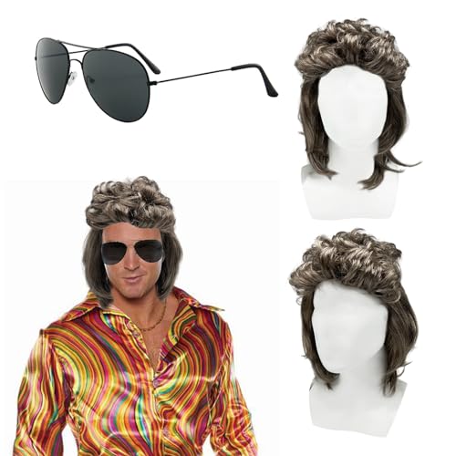 XNIVUIS Herren Vokuhila Perücke Braun Lockig, 70er 80er Cosplay Kostüm Halloween Perücke, 80er Jahre Mullet Punk Popstar Perücke Proll Perücke Rockerperücke für Fasching Karneval Halloween (2 Pcs) von XNIVUIS