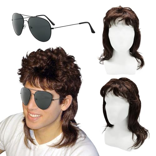 XNIVUIS Herren Vokuhila Perücke Braun Lockig, Männer Blonde Vokuhila 80er Mullet Perücke,70er 80er Cosplay Kostüm Halloween Perücke Retro Disco Punk Rocker Perücken,Disco Fancy Party Perücken (2 Pcs) von XNIVUIS