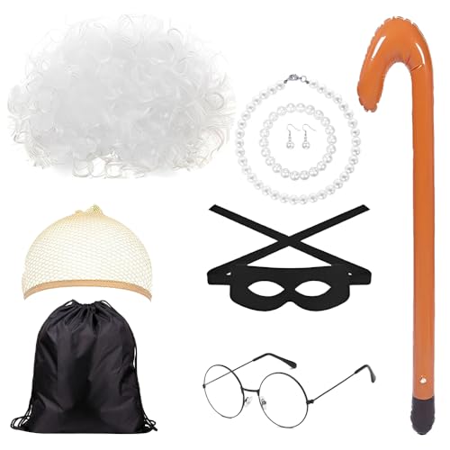 XPJBKC 9-teiliges Oma-Kostüm, alte Dame, Oma-Kostüm, Oma-Kostüm-Set, Kinder-Oma-Outfit mit Oma-Perücke, Gehstock, Augenbinde, Perlenohrring, Armband und Halskette für Maskerade von XPJBKC