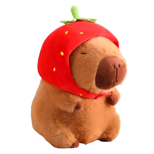 XPJBKC Capybara Kuscheltier, Capybara Plüschtierr mit Erdbeere Kopfbedeckungen, 25cm Wasserschwein Kuscheltier Niedliche Capybara Plush, Capybara Stofftier Plüsch Puppe Geschenke für Kinder, Home Deko von XPJBKC