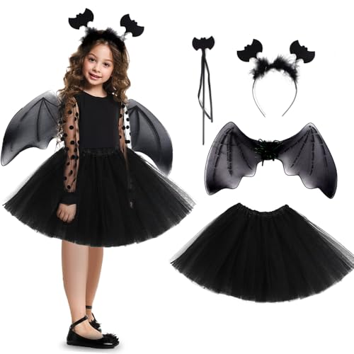 XPJBKC Fledermaus Kostüm Mädchen, Mädchen Halloween Fledermaus Kostüm, 4-Teiliges Set mit Stirnband, Flügel, Stock und Rock, Halloween Kostüm Kinder Fledermaus für Halloween Kostüm Kinder (Unter 1,4M) von XPJBKC