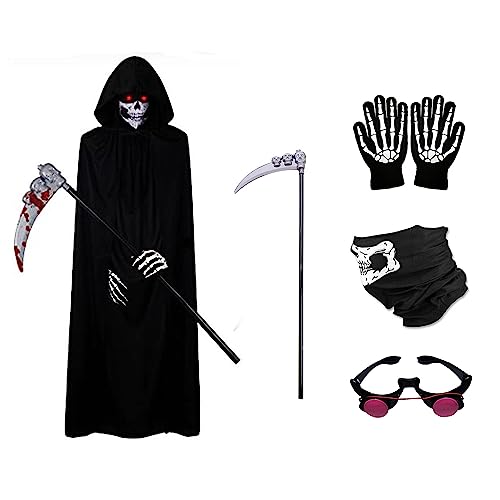 XPJBKC Halloween Sensenmann Kostüm Set, 5 Stück Schwarzer Umhang mit Kapuze Ghostface Kostüm Scream Kostüm, Glühende Augen, Sense, Halloween Dekoration Cosplay Sensenmann für Maskerade - Erwachsene von XPJBKC